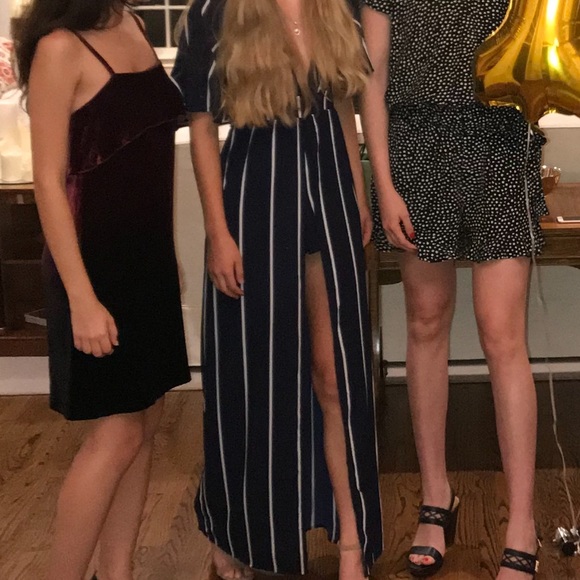 Japna Navy stripe romper jumpsuit deep plunge open back - Picture 2 of 8